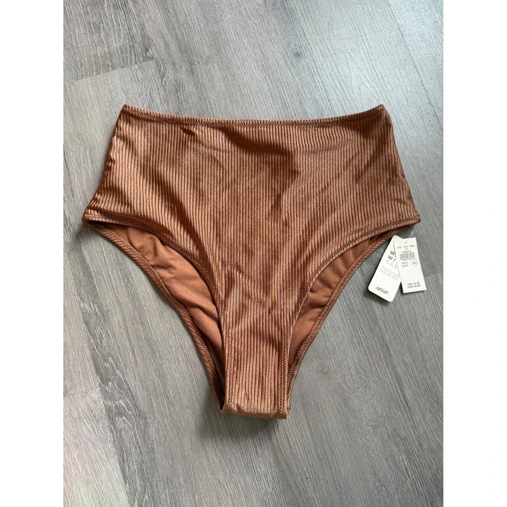Aerie High Waisted Cheeky Bikini Bottom Ribbed Copper Brown Small